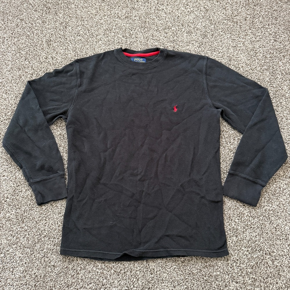 Polo Ralph Lauren Men's Medium Black Long Sleeve Thermal Waffle Grid Cotton